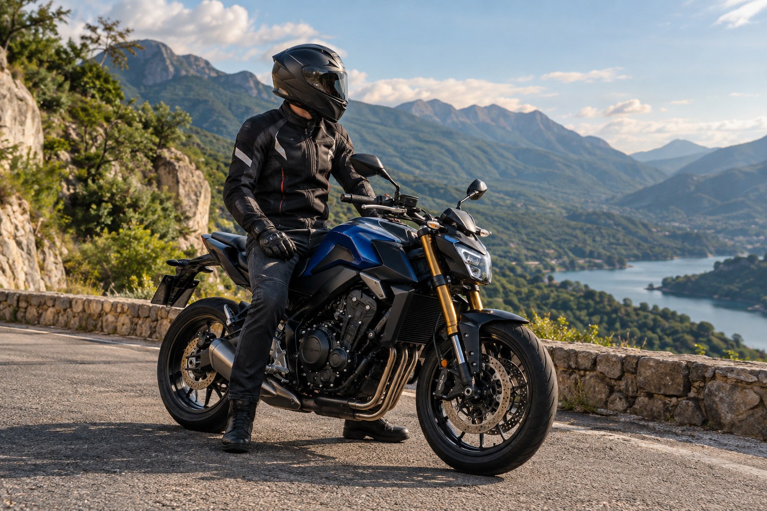 Motociclista equipado junto a una moto en una ruta de montaña