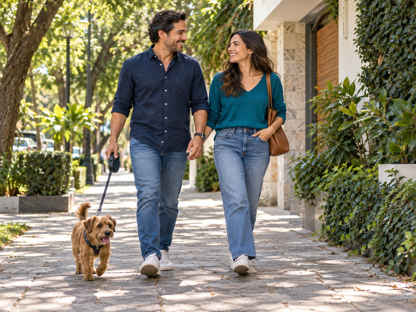 Una pareja pasea con su perro por una calle arbolada
